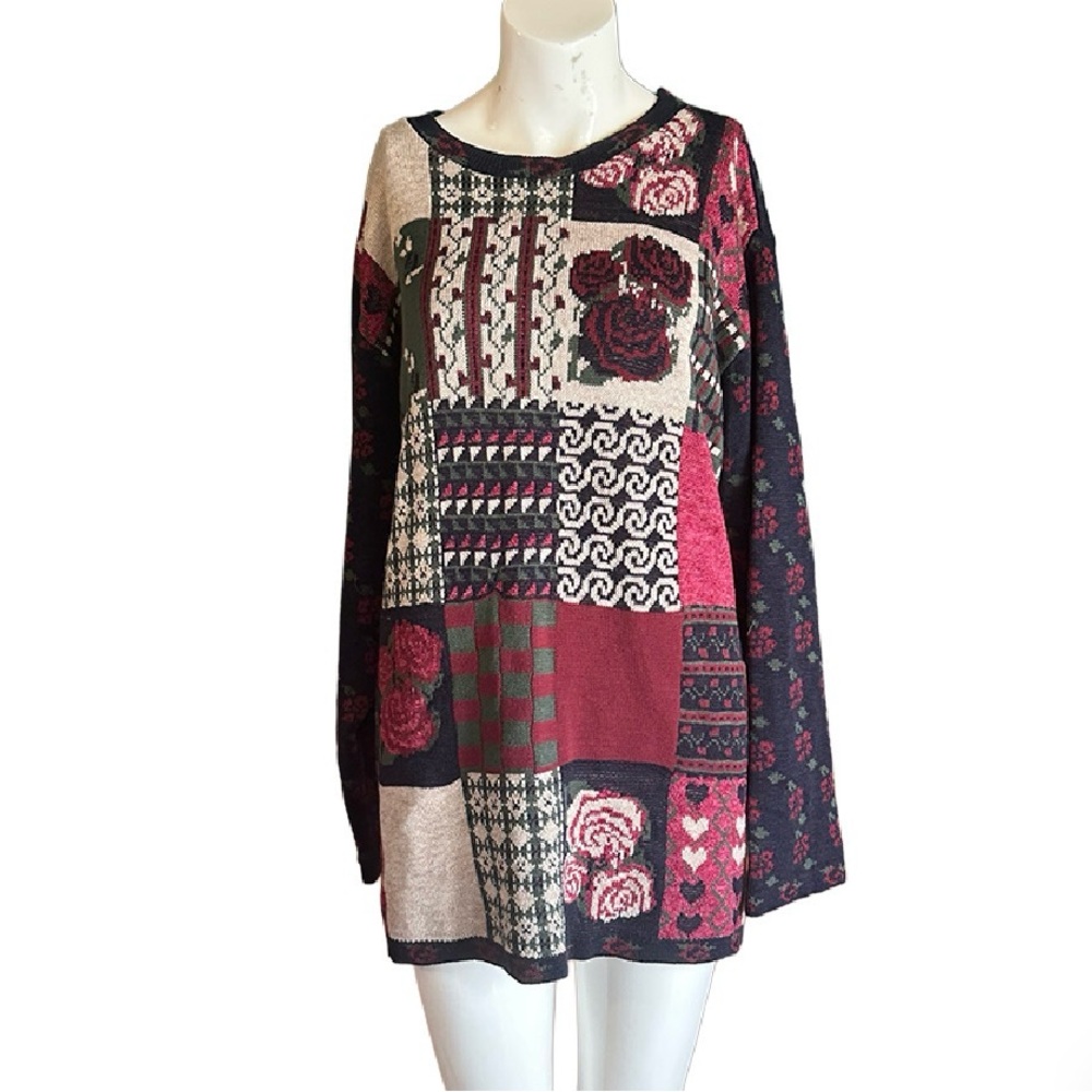 Vintage Patchwork Knit Sweater with Floral Patterns